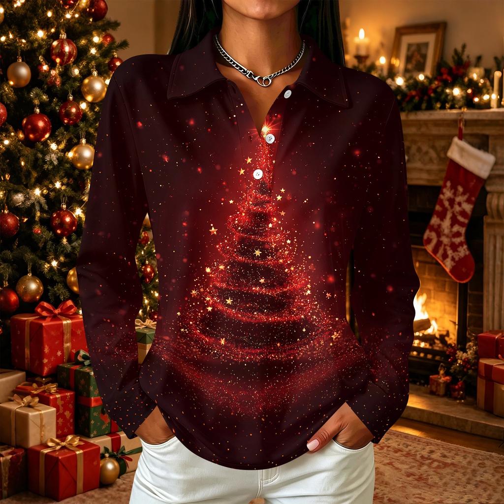 Women's Casual Christmas Print Button Front Long Sleeve Blouse with Lapel Collar and Side Slits