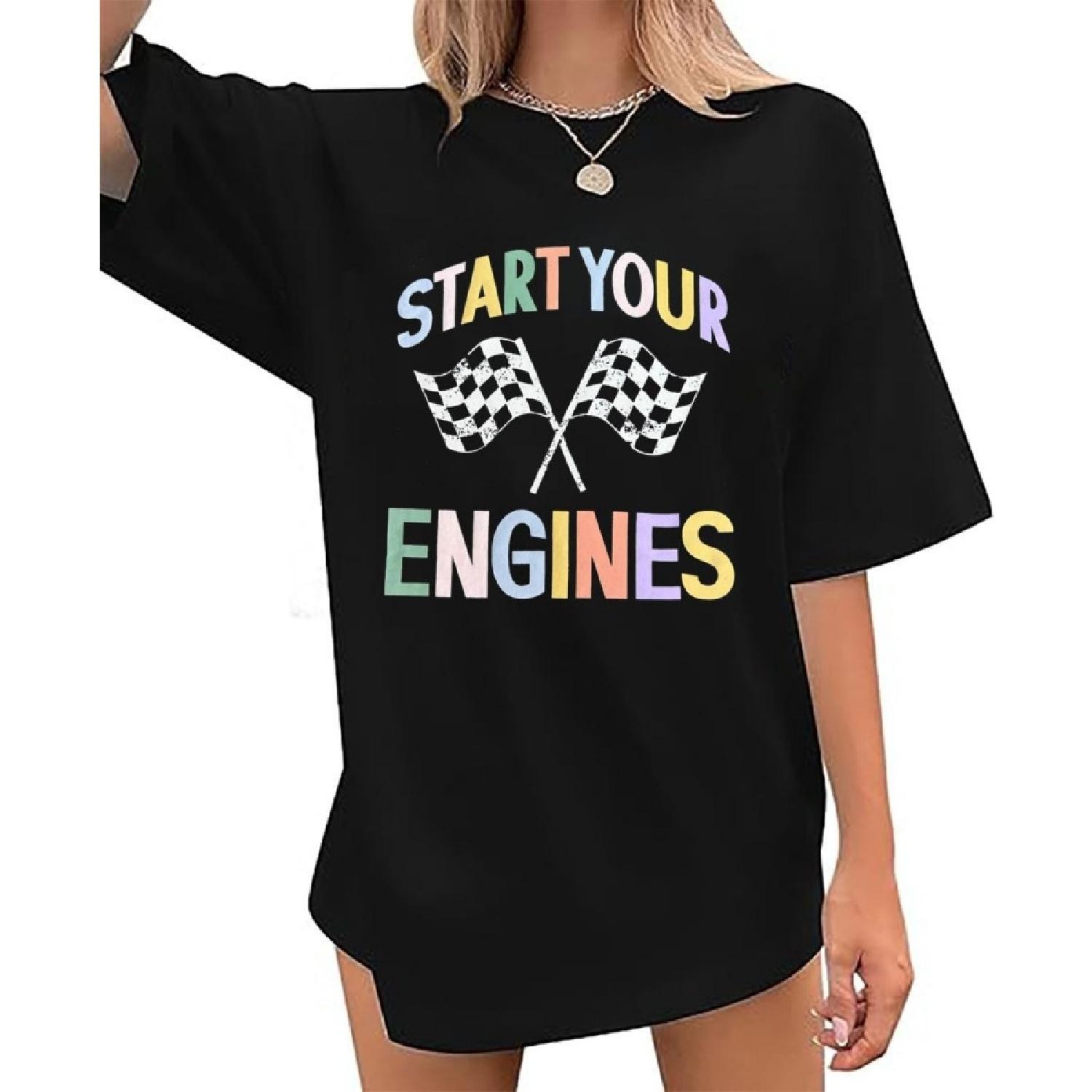 Oversized Racing Shirts Women Start Your Engines Shirt Race Day Checkered Flag Race Car T-Shirt Short Sleeve Tee Top S