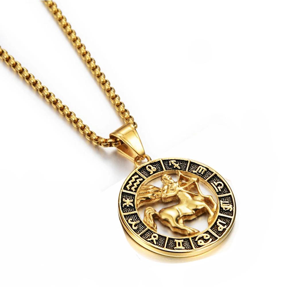 Gold Stainless Steel Zodiac Necklace Leo Scorpio Pendant for Women Men 12 Constellation Round Charm Jewelry Gift