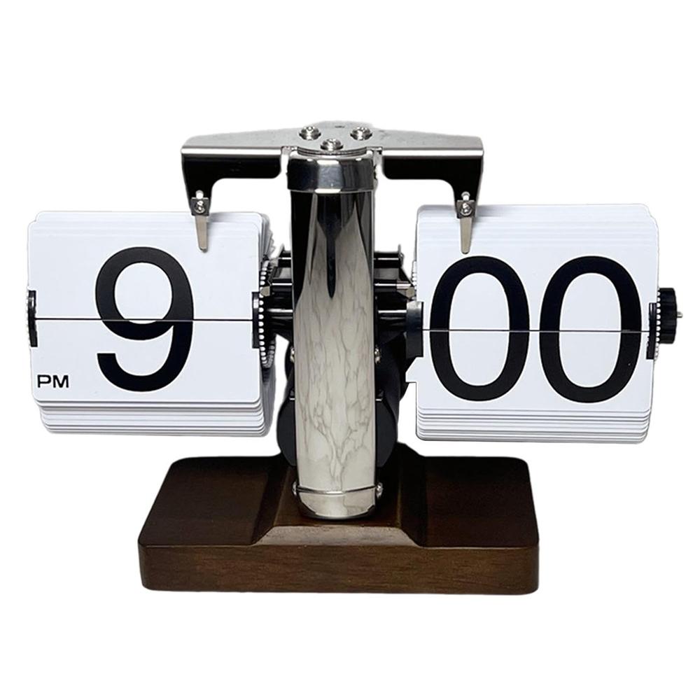 

Auto Flip Clock Retro Table Clock Living Room Balance Mechanical Flip Clock with Walnut Square Base White