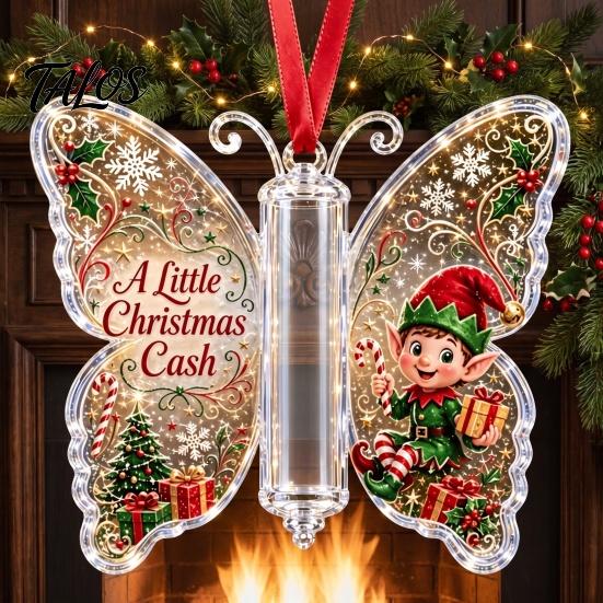 Santa Claus Ornament Christmas Cash Gift Ornament, Acrylic Butterfly Money Holder with Built‑in Unique Gifts Clear Compartment, Holiday Hanging for