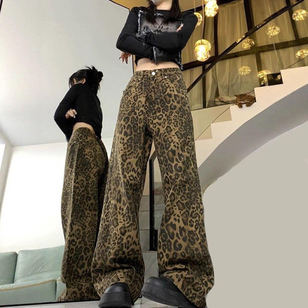 Wide Leg Leopard Print Jeans Straight Leg Cowboy Pants Soft Jeans Women Y2k Girls