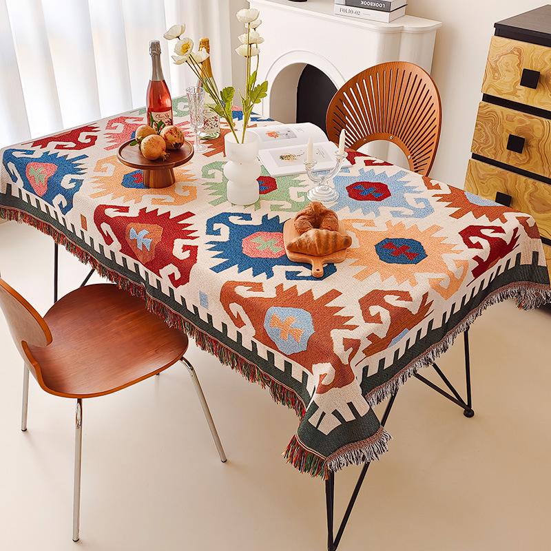 Boho Cotton Linen Tassel Tablecloth for Round Coffee & Dining Tables