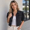 Women's Short Sleeve Denim Jacket with Puff Sleeves and Lapel Collar, Single-Breasted, Pockets