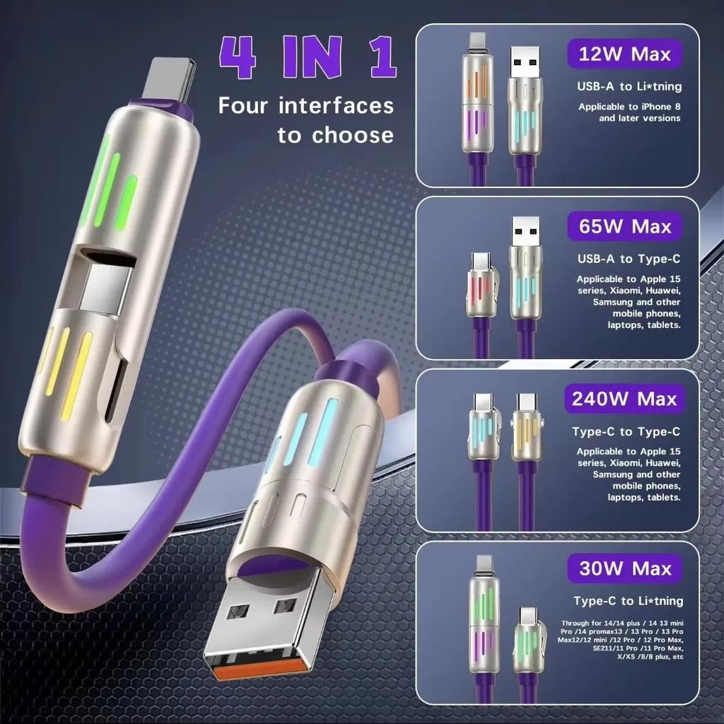 240W Fast Charge Cable 4-in-1 USB Type C Silicone For iPhone Samsung Huawei Xiao Mi Type-C To USB A High Speed