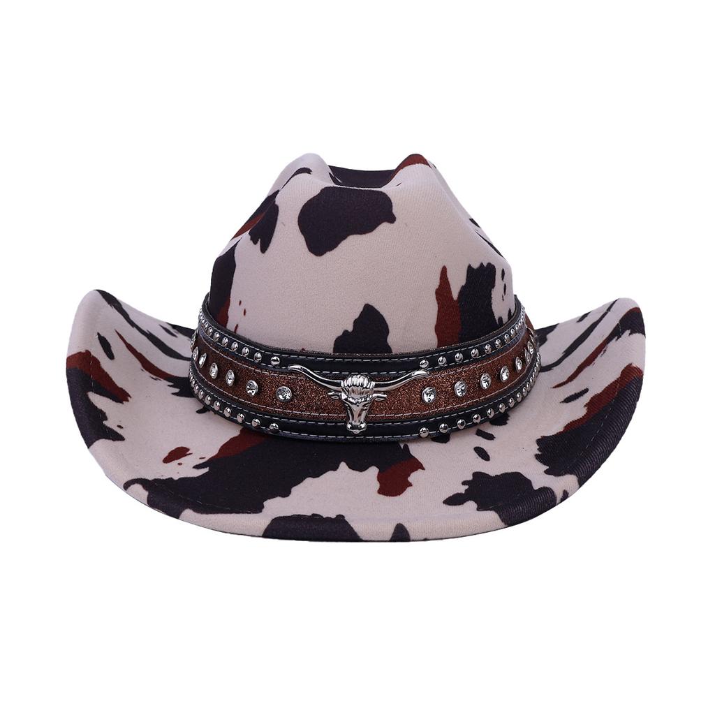 New Western Cowboy Hat Autumn and Winter Big Eaves Cow Pattern Woolen Tibetan Outdoor Jazz Hat Shade Top Hat