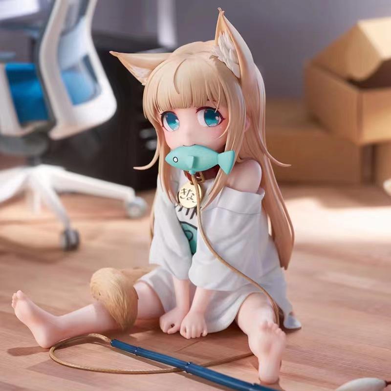 13/18CM GOLDEN HEAD My Cat Is A Kawaii Girl Anime Figure Sakura Soybean Flour Sit And Eat Fish Collectible PVC Model Doll Lovely Toy