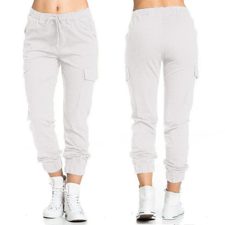 Women S Cargo Casual Elastic Waist Drawstring Side Pocket Long Pants S белый
