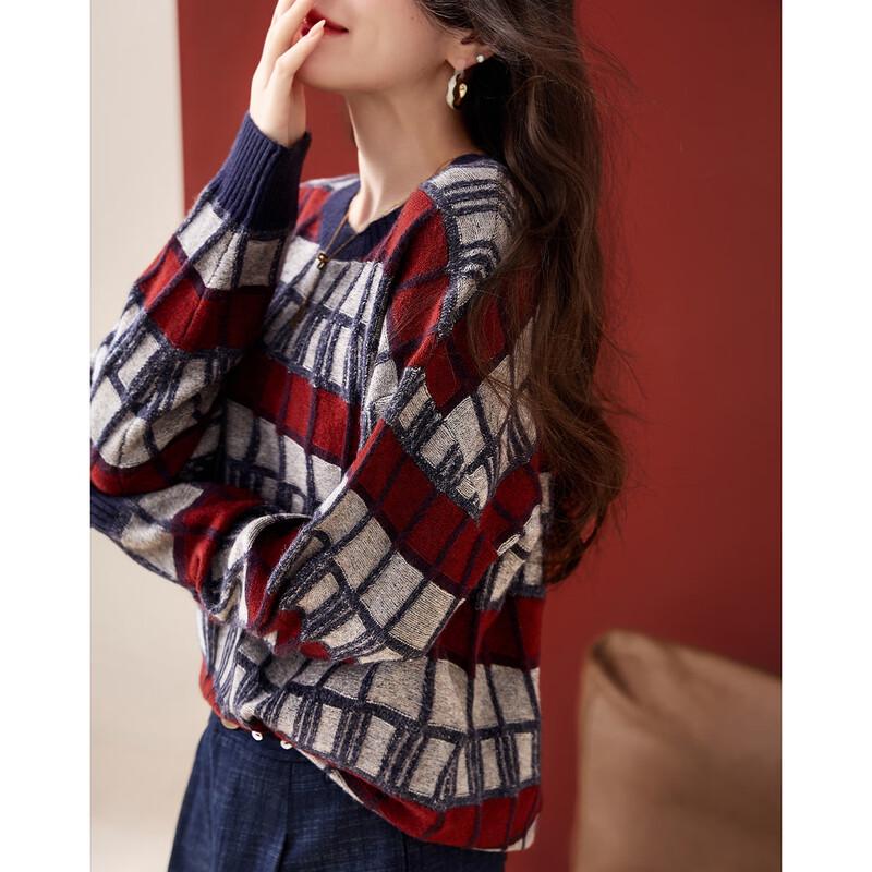 Demana Women s Winter Retro Plaid Color Block Knit Sweater L