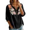 Damen Blumenstickerei Henley-Kragen Knopfleiste Hemd Dreiviertelarm Baumwolle Leinen Oberteil Lässige Bluse