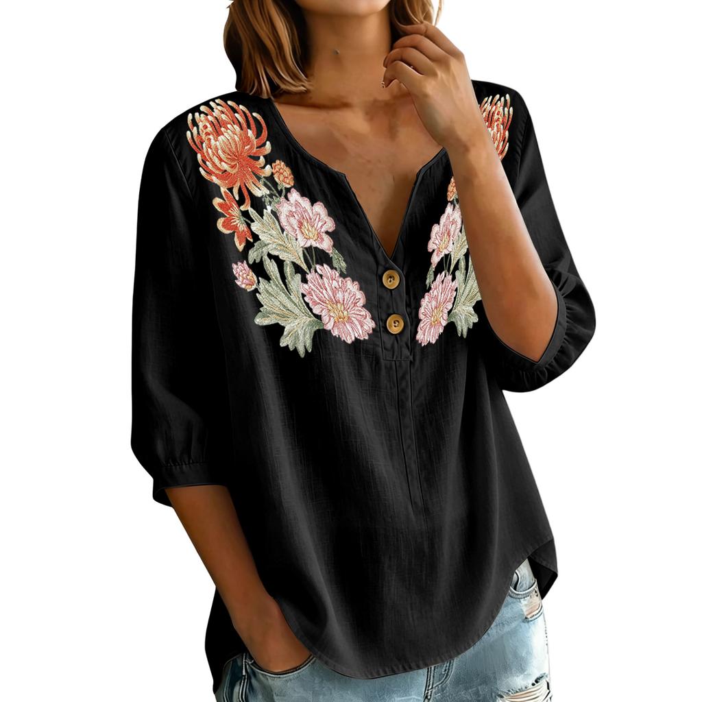 Damen Blumenstickerei Henley-Kragen Knopfleiste Hemd Dreiviertelarm Baumwolle Leinen Oberteil Lässige Bluse