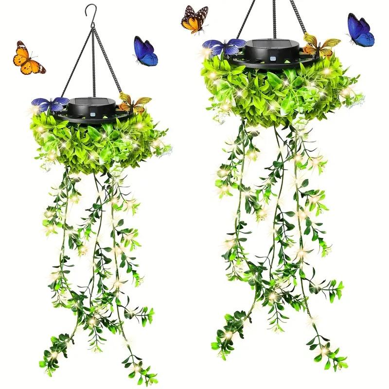 

2 шт. Подвесные садовые фонари на солнечной батарее, со светодиодной бабочкой, подвесной плющ, искусственные листья, декор, водонепроницаемость IP65 для декора сада, свадьбы
