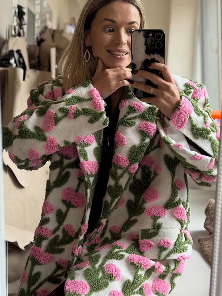 Women's Floral Patterned Jacket Women's Granular Velvet Jacket Ladies' Oversized Suit 2026