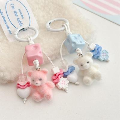 Cute Sweet Flocked Bear Keychain Pendant Backpack Charm Phone Chain  Trendy Bag Hanging Accessories Girly Keyring Gifts