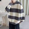 Men's Autumn/Winter Warm Striped Round Neck Sweater - Casual Contrast Color Style