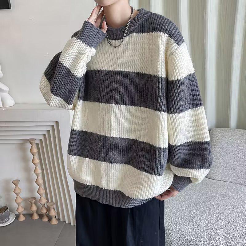 Men's Autumn/Winter Warm Striped Round Neck Sweater - Casual Contrast Color Style