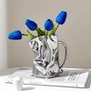 Crinkle Textured Ceramic Vase | Silver Finish Modern Elegance | Multi-Room Decor for Living Room Bathroom Desk