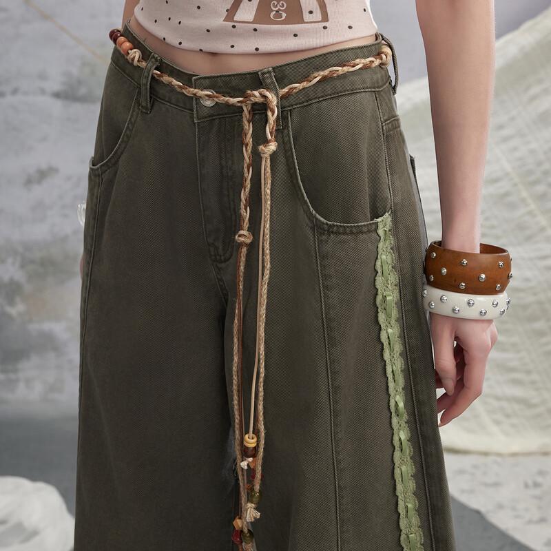 unifree 2026 Spring Retro Lace Wide-Leg Casual Pants with Belt