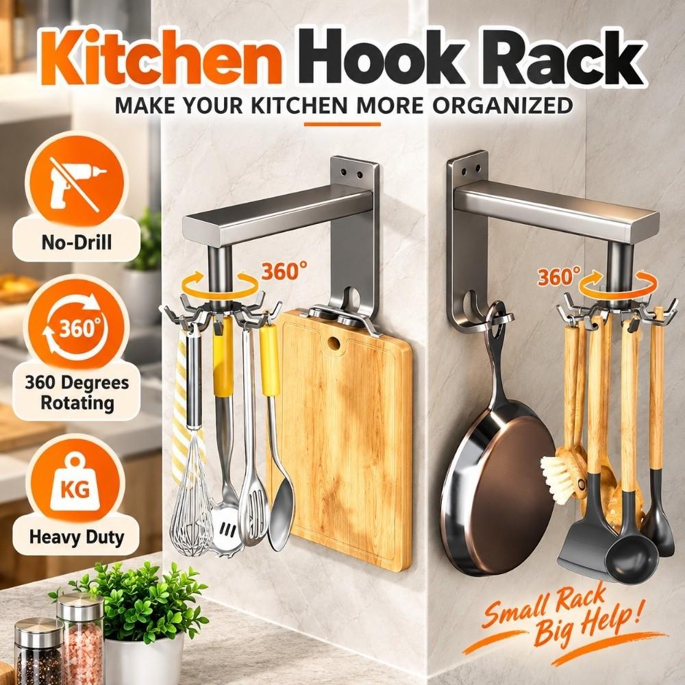 Wall Mounted Utensil Organizer 360 Degrees Rotating Kitchen Storage Rack Kitchen Hook Rack  Kitchen