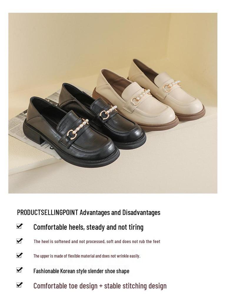 Vintage Pearl Loafers: Women's British-Style College Leather Slip-ons with Thick Soles