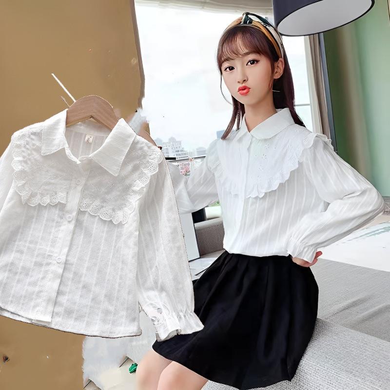 

Белая кружевная блузка с длинными рукавами и бантом в стиле Лолита для девочек: Корейский стиль, Универсальный, Милый для весны и осени 140 cm