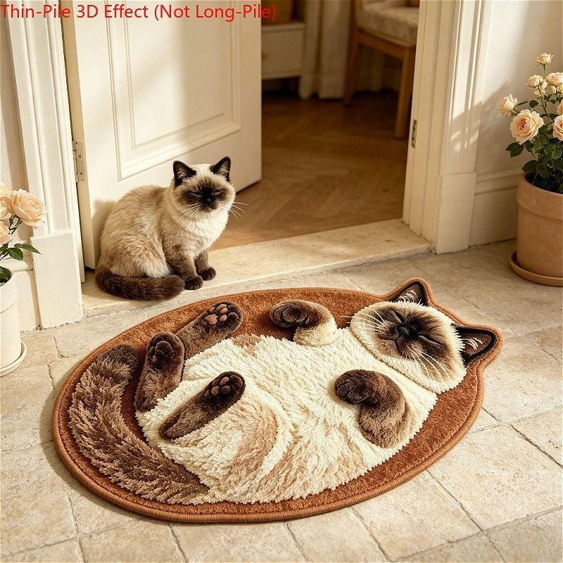 Shaped Lying Siamese Cat Floor Mat Thin‑Pile 3D Visual Effect Non‑Slip Rug For Bedroom Living Room Animal Home Decor