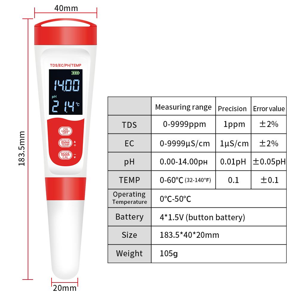 4 in 1 PH Temperature TDS EC PH Meter Digital Waterproof Water Quality PH Tester Water Purity Testing Pen For Pools Aquaculture