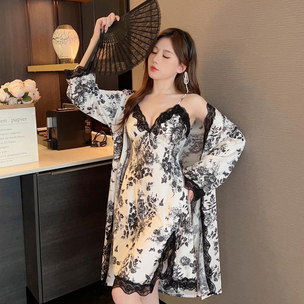 New ice silk pajamas female sexy with chest pads spring and summer lace pure desire wind with chest pads suspender two-piece set home