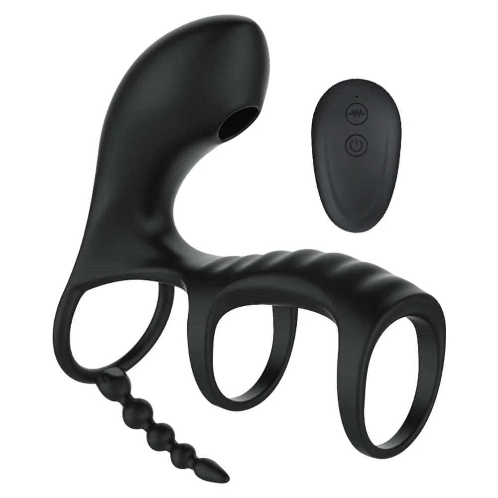 3 IN 1 Clit Vibrator Delayed Ejaculation Penis Ring Clitoral Stimulator Cock Ring Butt Plug Anal Plug Erotic Sex Toys for Couple