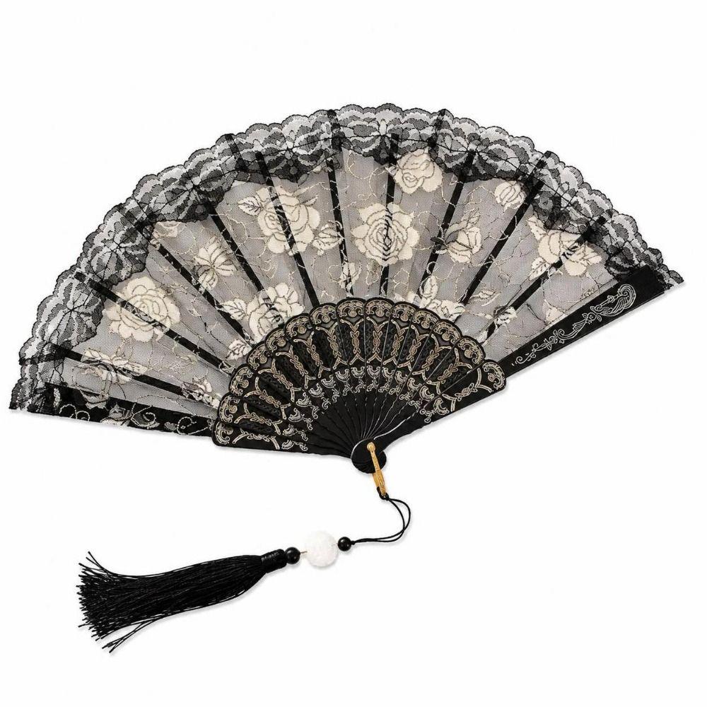 4pcs Black Hand Fan Plastic Frame Rose Lace Fan New Handheld Fan Wedding Dancing Costume Events