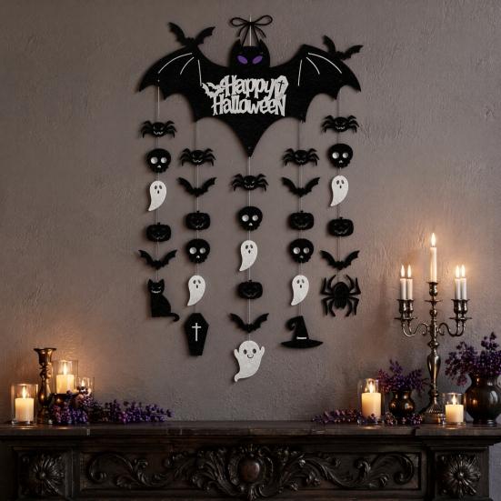 Party Atmosphere Accents Happy Halloween Bat Hanging Door Sign, Spooky Skull Spider Paper Festive Holiday Supplies Ornament, Large Wall Hanger