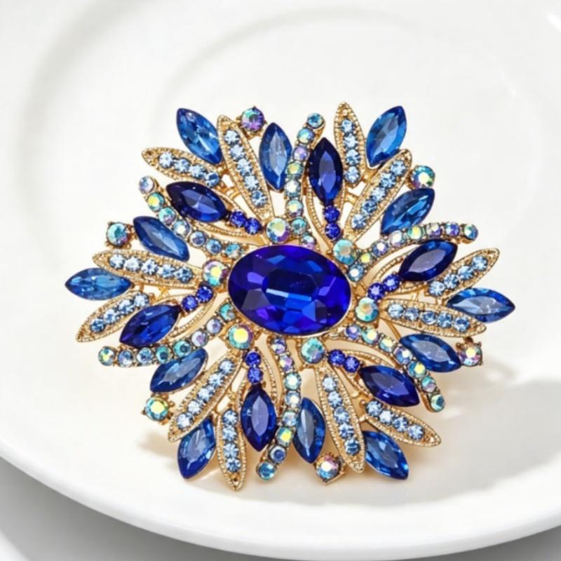 Multicolor Rhinestone Flower Brooch Shiny Crystals Gold Plated Frame For Wedding Party Formal Outfit Accessories