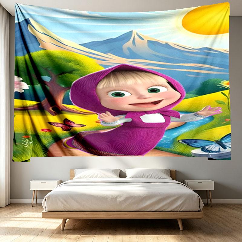 Masha and The Bear Print Tapestry - Portable Wall Decor Cloth, for Home, Dorm, Travel, Bedroom, Living Room - Ideal Birthday Housewarming Gift