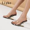 Fashion Liyke New Summer Fashion Strange High Heels Square Toe Transparent Slippers Women Designer Print Hollow Out Dress Party Shoes