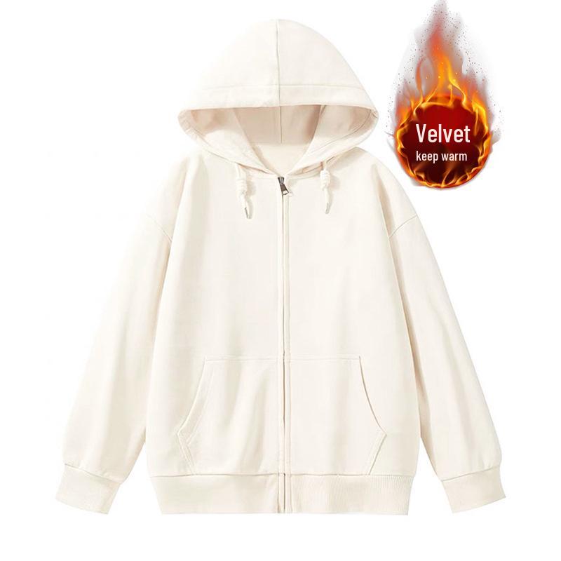 Felpa con cappuccio e zip foderata in pile da donna - Stile coreano pigro, Cardigan spesso per la primavera e l'autunno 2024.