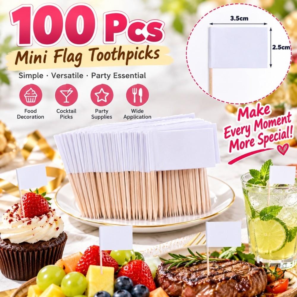 100 PCS Paper Wood Toothpick Flags Blank Design Cheese Markers Practical Cupcake Toppers  Buffet