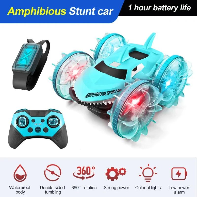 Non-Toxic 2.4G Rc Car Amphibious Vehicle Gesture Sensing Double-Sided Stunt Shark Amphibious Remote Control Cars With Light Toys For Children