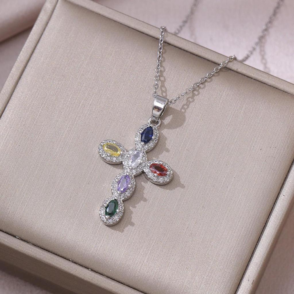 Damen Bunte Zirkon Kreuz Halskette - Nischendesign mit Voll-Diamant-Anhänger an Edelstahlkette