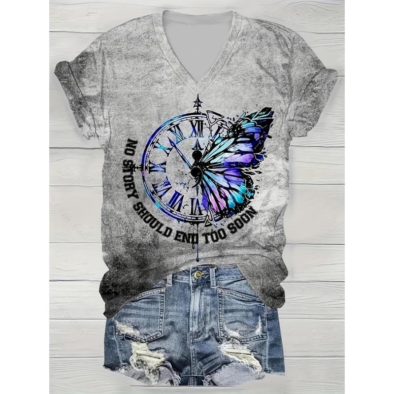 Women s casual and fashionable butterfly letter V-neck short sleeved T-shirt S