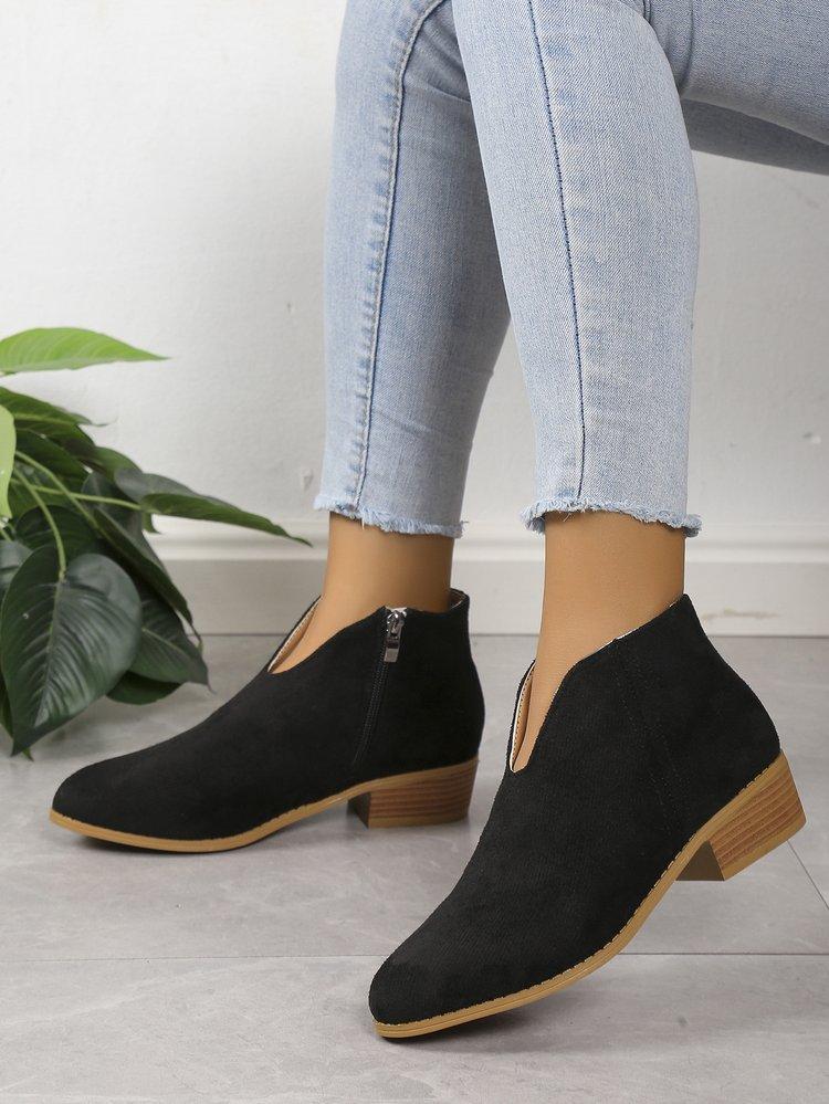 

Осень и зима 20252025 леопардовый принт квадратный корень короткие ботильоны боковая молния круглый носок V-образный вырез замшевые женские ботинки в наличии 36 чёрный