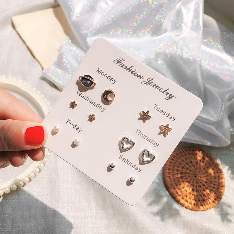 Korean Version Of The Hot Sale Af Aweek Earrings Set 7 Pairs Of Simple And Sweet Earrings Set Combination Of Week Zircon Gifts
