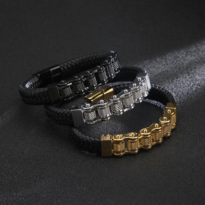 European-American Punk Bicycle Chain Titanium Steel Bracelet with Woven Cowhide In Stainless Steel Motorcycle Design.