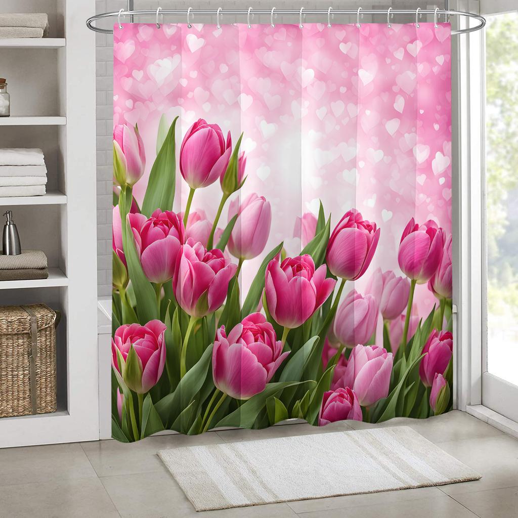 Dreamy Love Tulip Shower Curtain - Water-Resistant Polyester, Machine Washable, Artsy Bath Decor For Valentine'S Day, All-Season