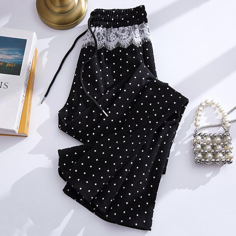 Women's High Waist Polka Dot Wide Leg Pants with Lace Trim - 2025 Spring Collection