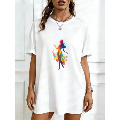 Oversize T-shirt Czarny Abstrakcyjny Print Sylwetki Kobiety Casualowa Moda Uliczna Dla Kobiet