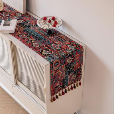 Imanqi Yun Geometric Red Jacquard Table Runner with Tassels