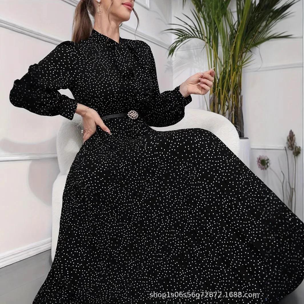 

Women s Long Sleeve Pleated Dress Full Polka Dot Print Necktie Ankle-Length Skirt Without Belt Fashion XL чорний