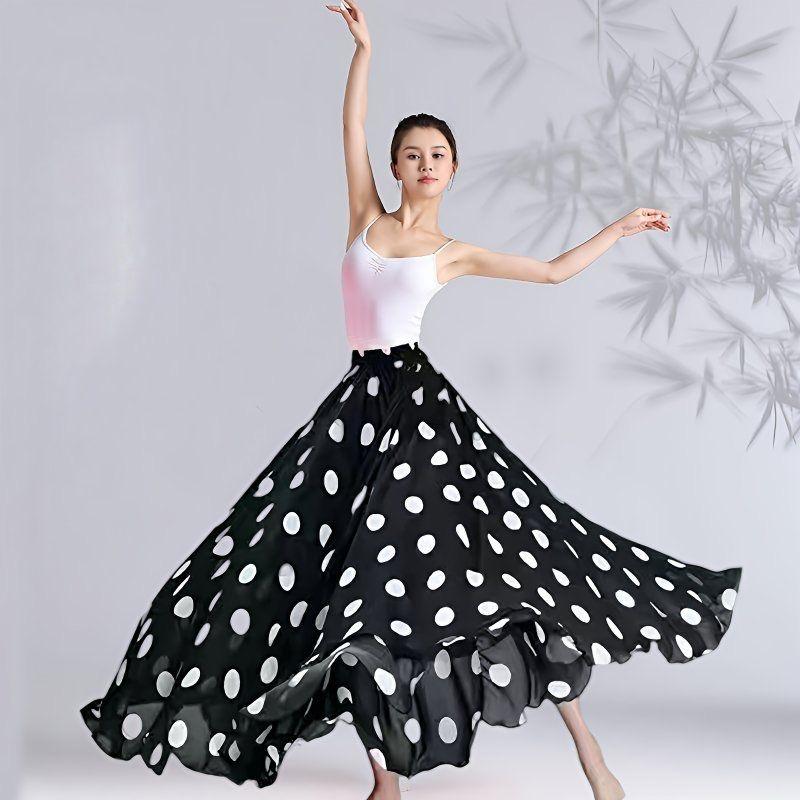 360-720 Degree Classical Dance High-waisted Skirt Flamenco Dance Clothing Polka Dot Print Skirt Dance Stage Performance Outfit