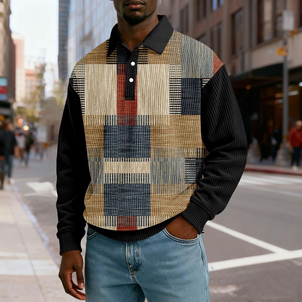 Herren Lässig Locker sitzend Oberteil Knopfleiste Kragen mit Knöpfen Lange Ärmel