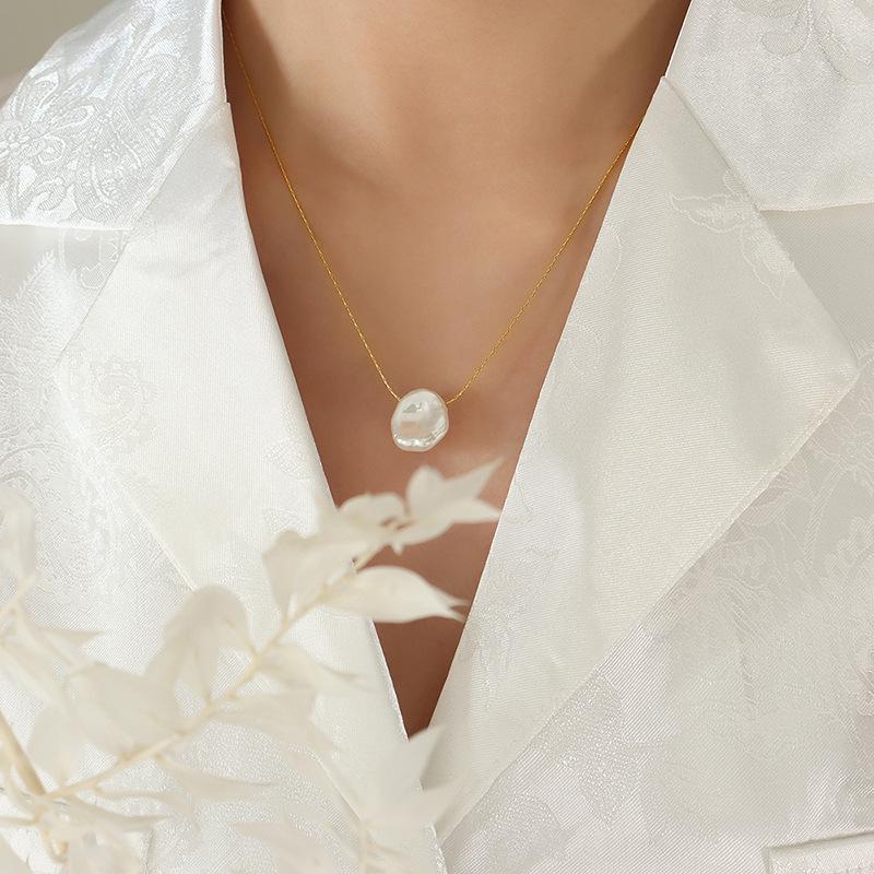 Trendy Baroque-Style Irregular Bead Necklace for Women - Non-Fading Titanium Steel Choker